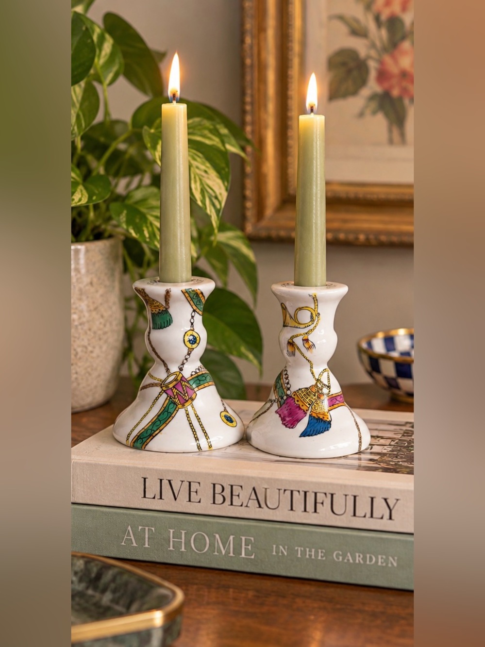 Pair Ceramic Tassel Scarf Print Taper Candle Holders Colorful Chinoiserie